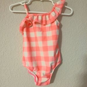 EUC-Carters Infant Pink Gingham Check One Shoulder Ruffle One Piece Swim…